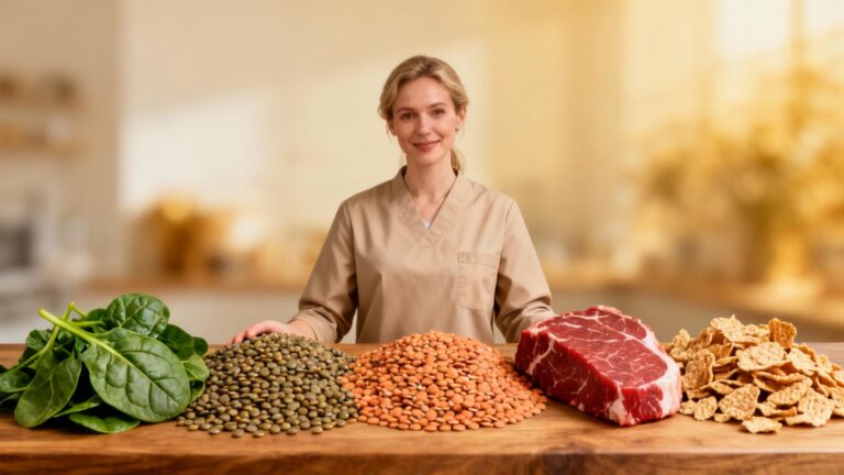 Nutritionniste européen montre différents aliments riches en fer disposés sur une table en bois