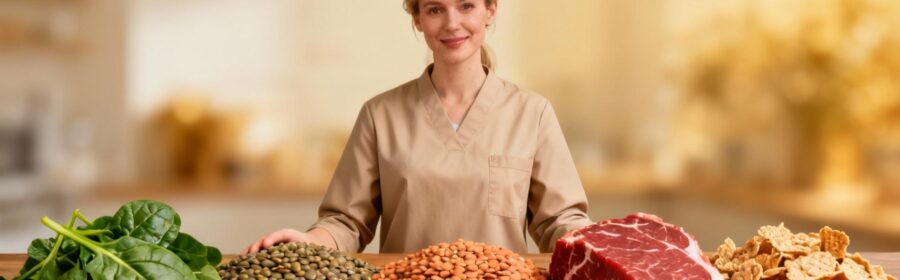 Nutritionniste européen montre différents aliments riches en fer disposés sur une table en bois