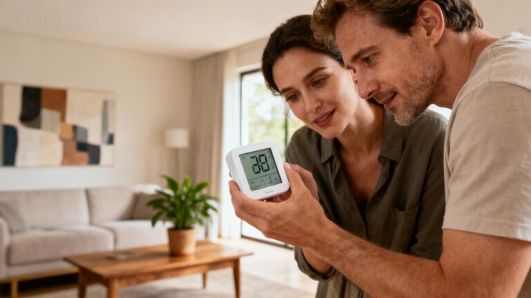 Couple européen vérifiant un thermomètre numérique dans un salon moderne avec lumière naturelle et décoration chaleureuse