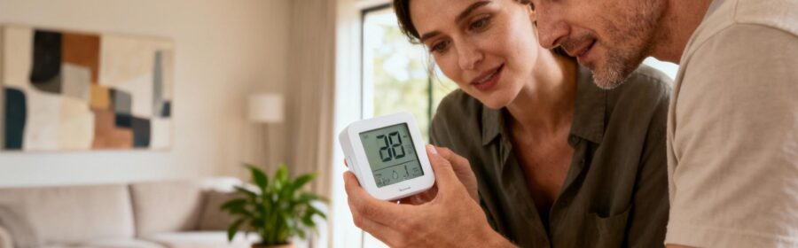 Couple européen vérifiant un thermomètre numérique dans un salon moderne avec lumière naturelle et décoration chaleureuse