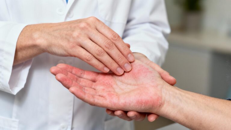 Dermatologue caucasien examinant attentivement les mains d'un patient présentant une légère rougeur et sécheresse cutanée
