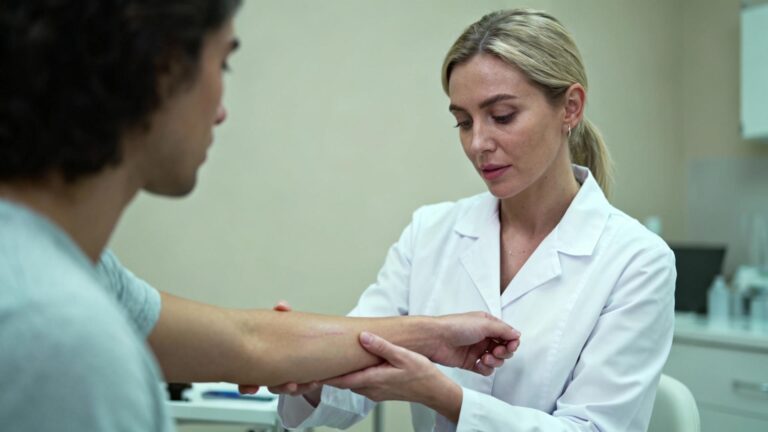 Dermatologue femme examinant avec attention une plaque d'eczéma sur l'avant-bras d'un patient en cabinet médical