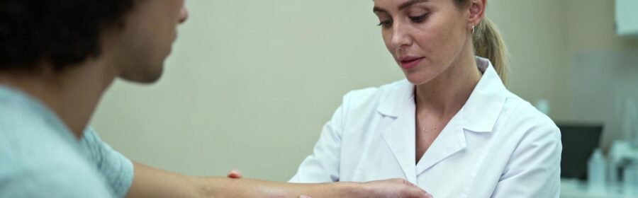 Dermatologue femme examinant avec attention une plaque d'eczéma sur l'avant-bras d'un patient en cabinet médical