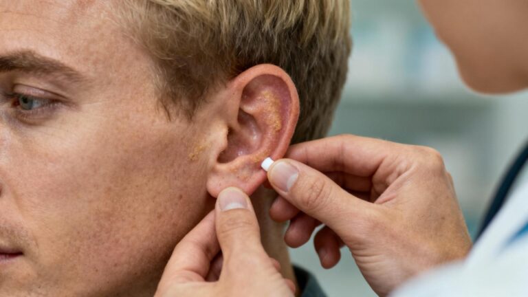 Médecin expliquant les gestes de soins d'un eczéma de l'oreille à son patient, peau irritée visible
