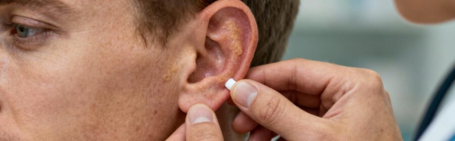 Médecin expliquant les gestes de soins d'un eczéma de l'oreille à son patient, peau irritée visible