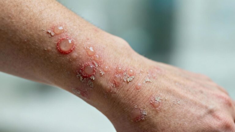 Détail clinique d'un bras avec eczéma bulleux montrant des cloques et inflammation sur peau claire