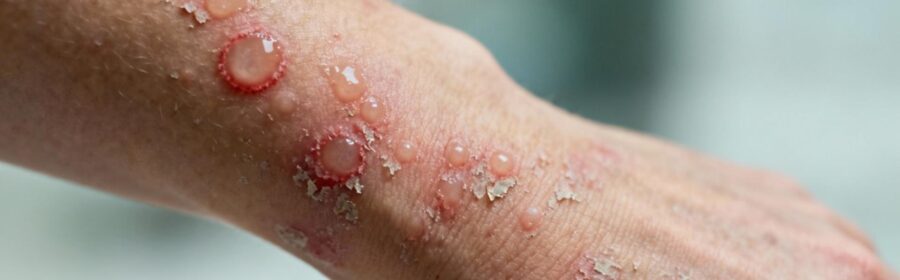 Détail clinique d'un bras avec eczéma bulleux montrant des cloques et inflammation sur peau claire