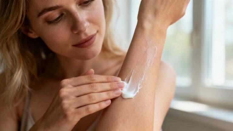 Femme caucasienne appliquant délicatement une crème pour eczéma sur son avant-bras, éclairage naturel doux