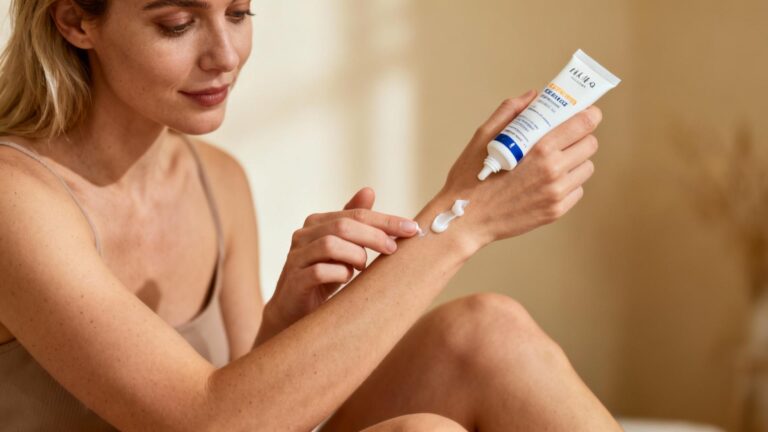 Femme européenne appliquant une crème pour eczéma sur son avant-bras, peau réaliste avec texture naturelle
