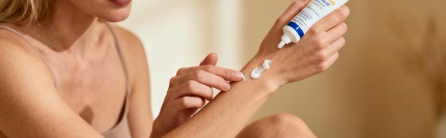 Femme européenne appliquant une crème pour eczéma sur son avant-bras, peau réaliste avec texture naturelle