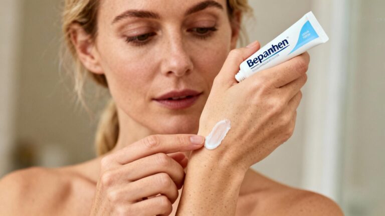 Femme européenne appliquant délicatement de la crème Bepanthen sur une zone de peau sensible atteinte d'eczéma