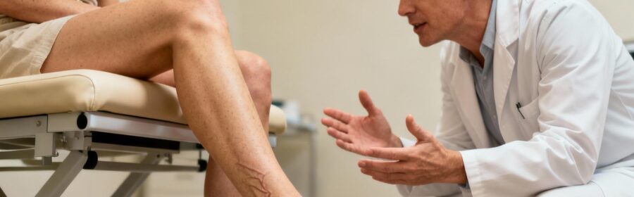 Femme adulte consultant un dermatologue pour un examen de la peau présentant un eczéma variqueux sur la jambe
