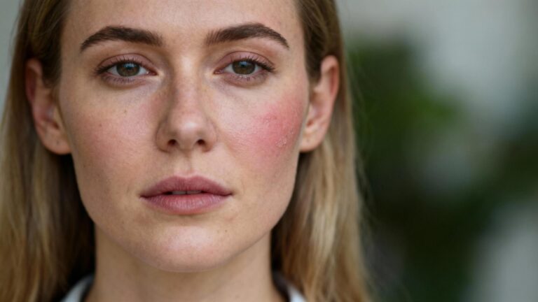 Portrait d'une femme caucasienne présentant un eczéma léger sur la joue, avec légère rougeur et sécheresse cutanée