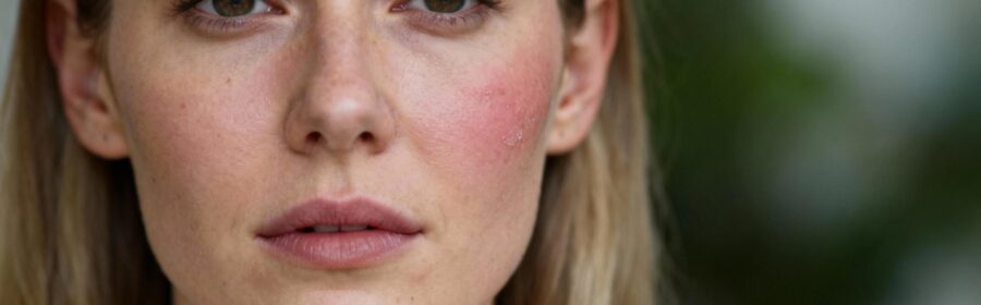 Portrait d'une femme caucasienne présentant un eczéma léger sur la joue, avec légère rougeur et sécheresse cutanée