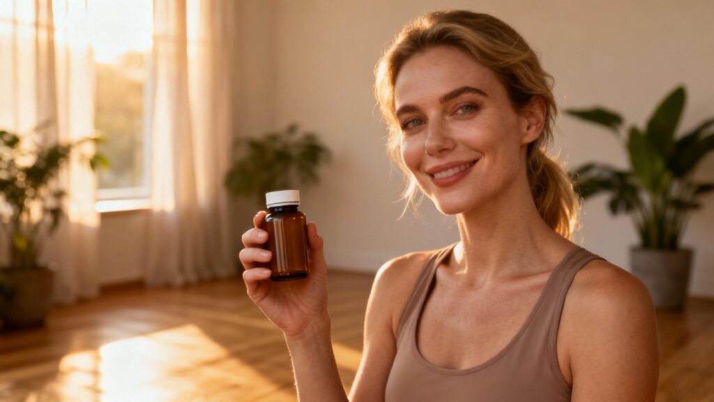 Femme européenne souriante tenant un flacon de complément alimentaire fer, lumière naturelle douce