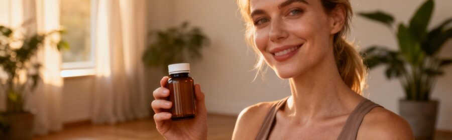 Femme européenne souriante tenant un flacon de complément alimentaire fer, lumière naturelle douce