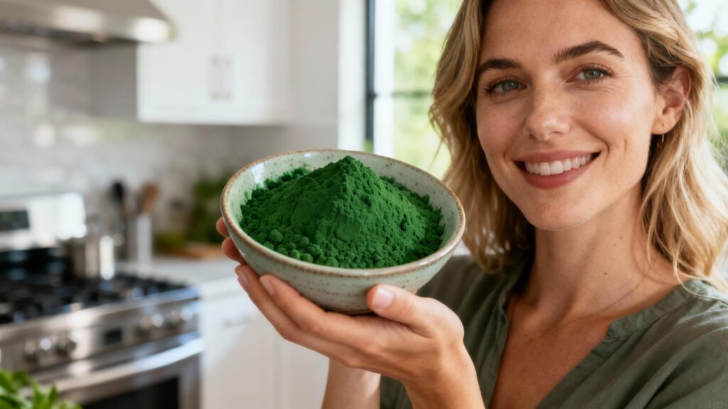 Femme européenne souriante tenant un bol de poudre de spiruline verte fraîche dans une cuisine moderne bien éclairée