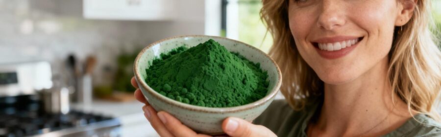 Femme européenne souriante tenant un bol de poudre de spiruline verte fraîche dans une cuisine moderne bien éclairée