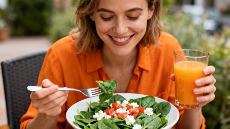 Jeune femme caucasienne souriante savourant un jus d'orange frais accompagné d'une salade d'épinards riche en fer