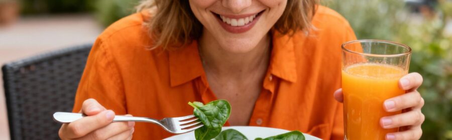 Jeune femme caucasienne souriante savourant un jus d'orange frais accompagné d'une salade d'épinards riche en fer