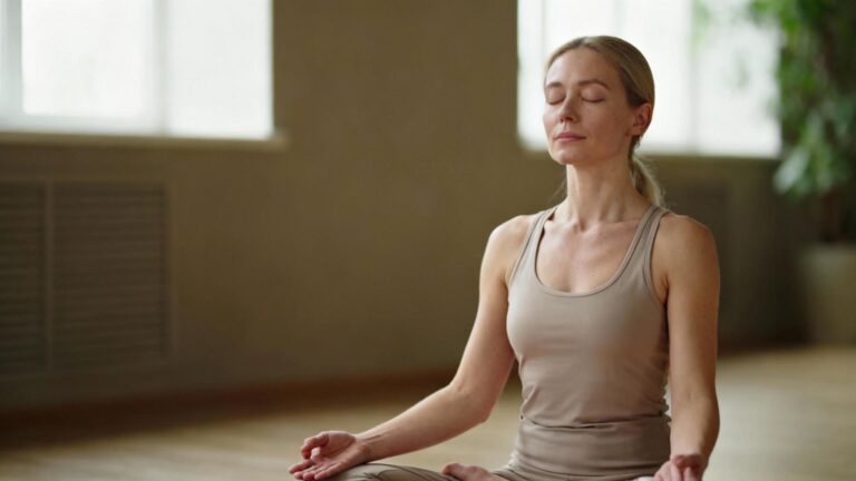 Femme européenne calme assise en méditation dans un intérieur lumineux avec une ambiance apaisante