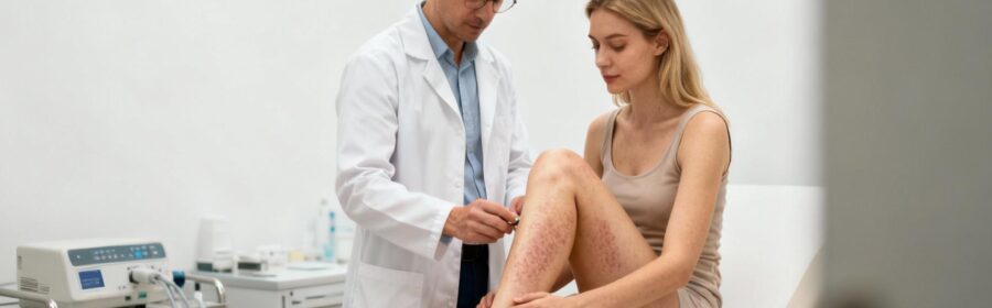 Femme patiente avec dermatologue examinant les jambes pour pigmentation dans un cabinet médical