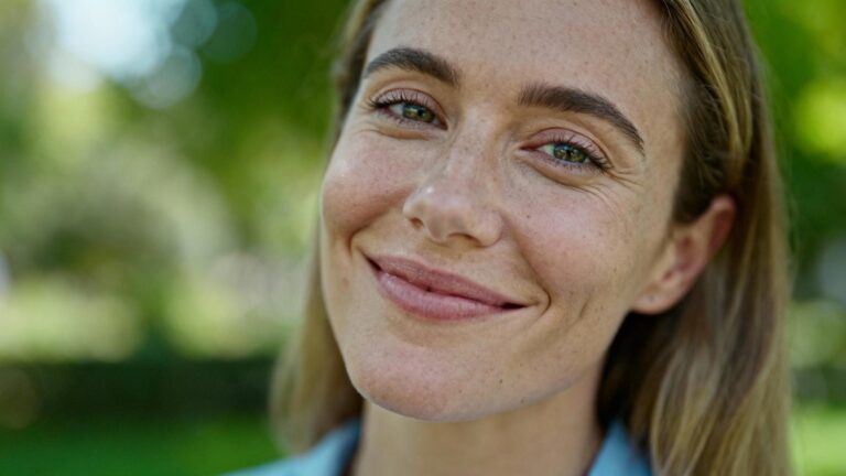 Portrait d'une femme caucasienne avec une peau saine et un sourire confiant, éclairée par une lumière naturelle douce