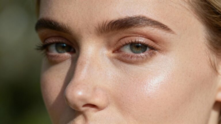 Portrait d'une femme avec une peau naturelle et saine autour des yeux, photographié en mode portrait