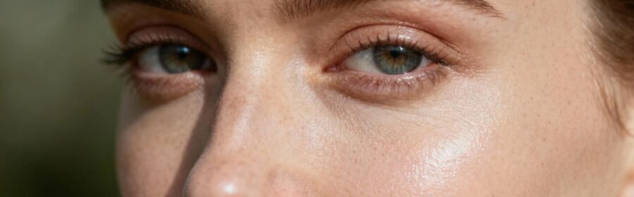 Portrait d'une femme avec une peau naturelle et saine autour des yeux, photographié en mode portrait