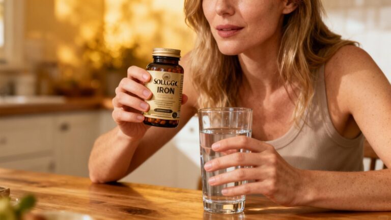 Femme européenne prenant un comprimé de fer Solgar avec un verre d'eau, lumière naturelle et tons chauds
