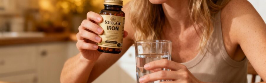 Femme européenne prenant un comprimé de fer Solgar avec un verre d'eau, lumière naturelle et tons chauds