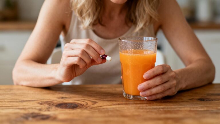 Femme européenne prenant une gélule de complément de fer avec un verre de jus d'orange sur une table en bois