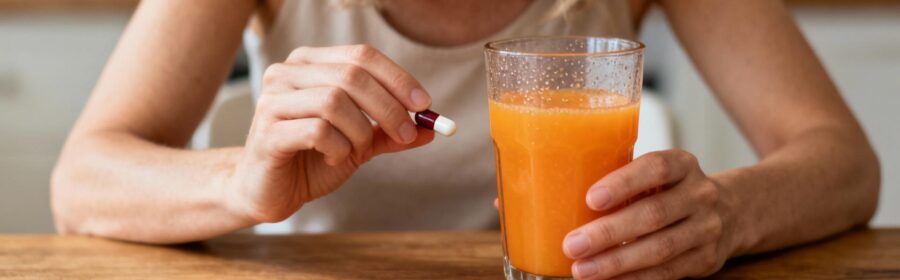 Femme européenne prenant une gélule de complément de fer avec un verre de jus d'orange sur une table en bois