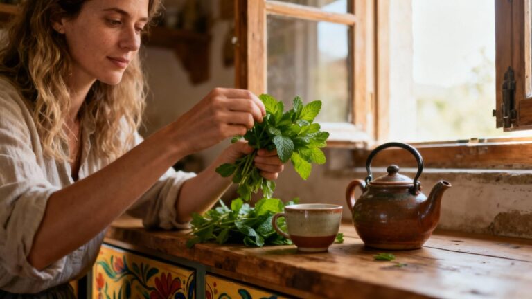 Femme européenne préparant du thé vert avec des feuilles de menthe fraîches dans une cuisine rustique