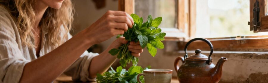 Femme européenne préparant du thé vert avec des feuilles de menthe fraîches dans une cuisine rustique