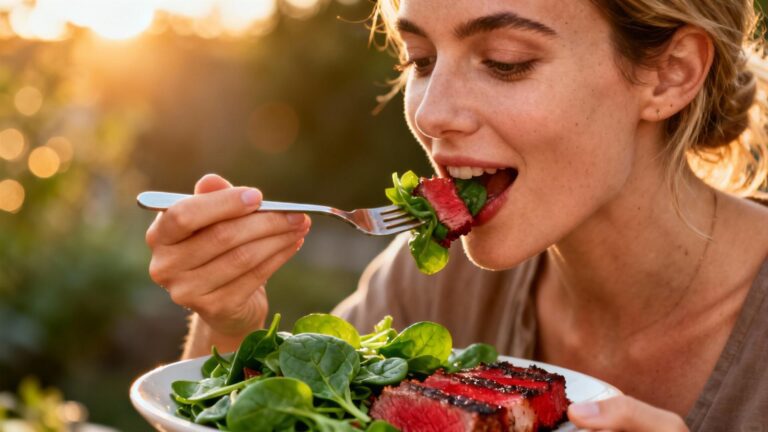 Femme souriante mangeant une salade d'épinards et viande rouge, repas riche en fer contre la fatigue