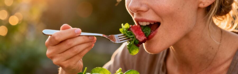 Femme souriante mangeant une salade d'épinards et viande rouge, repas riche en fer contre la fatigue