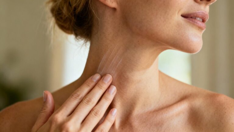 Jeune femme européenne effectuant un soin doux pour l'eczéma sur la zone du cou, avec une texture de peau réaliste