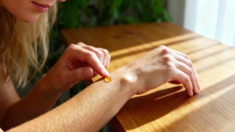 Femme caucasienne appliquant une huile essentielle sur son poignet dans une lumière naturelle, peau aux tons chauds