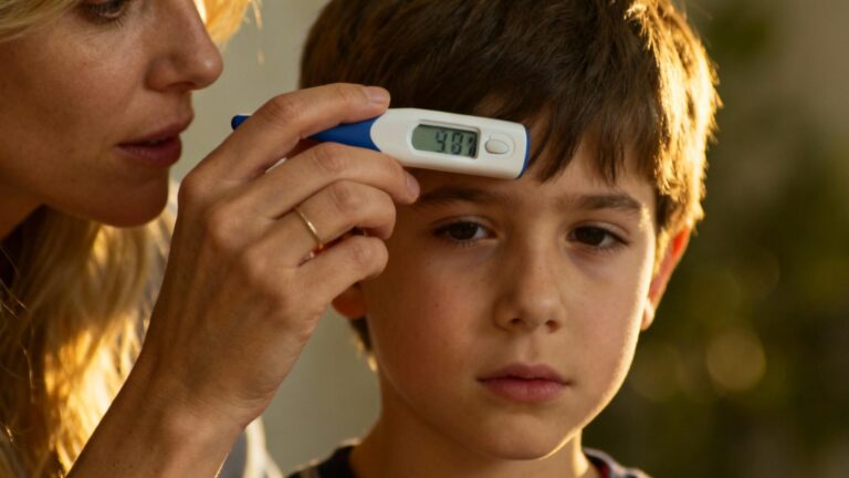 Mère européenne prenant la température de son enfant avec un thermomètre digital sur le front