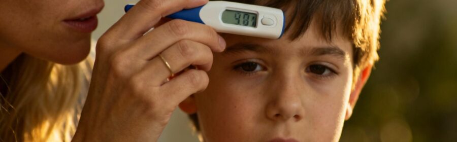 Mère européenne prenant la température de son enfant avec un thermomètre digital sur le front