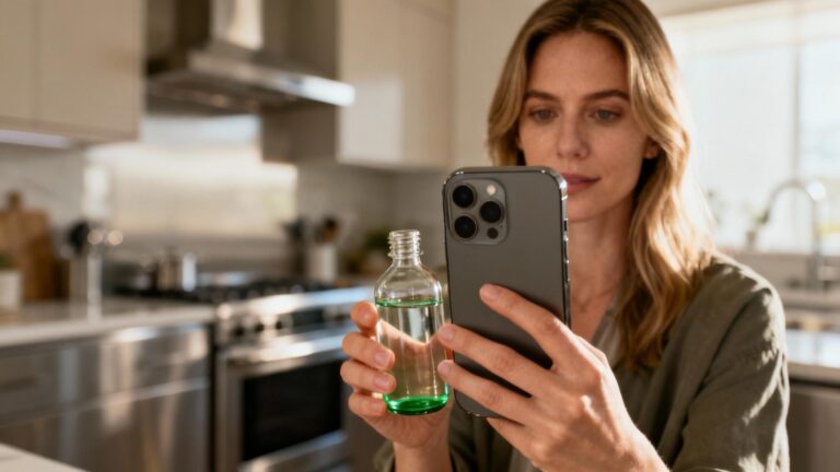 Femme tenant un verre contenant du sirop de fer dans une cuisine moderne avec éclairage naturel et tons chauds