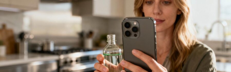 Femme tenant un verre contenant du sirop de fer dans une cuisine moderne avec éclairage naturel et tons chauds