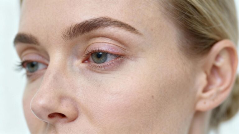 Femme européenne présentant une paupière inférieure pâle avec conjonctive visible, lumière naturelle et texture de peau réaliste