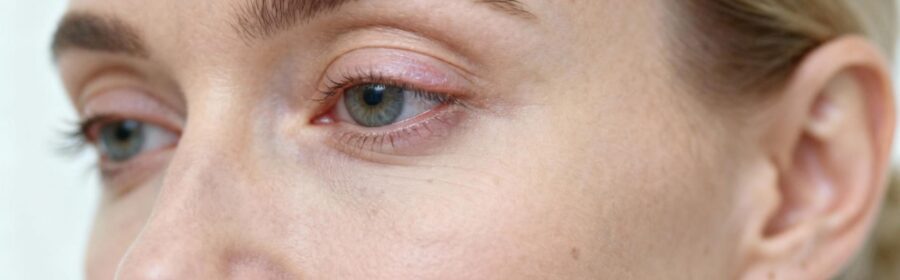 Femme européenne présentant une paupière inférieure pâle avec conjonctive visible, lumière naturelle et texture de peau réaliste