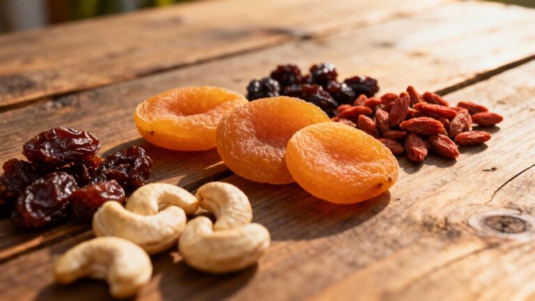 Abricots secs, baies de goji et noix de cajou disposés sur une table en bois rustique