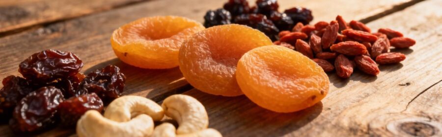Abricots secs, baies de goji et noix de cajou disposés sur une table en bois rustique