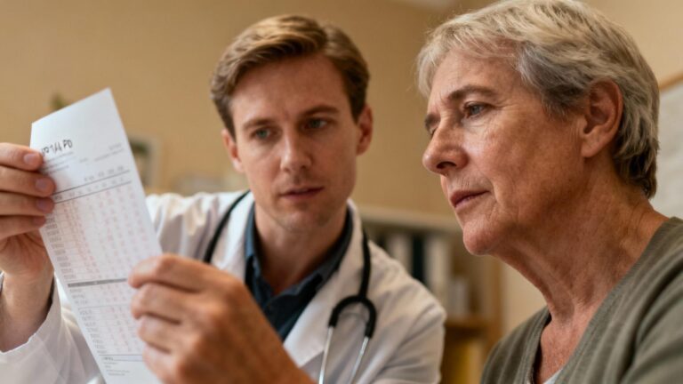 Médecin caucasien examinant attentivement des résultats d'analyses médicales avec un patient européen en clinique