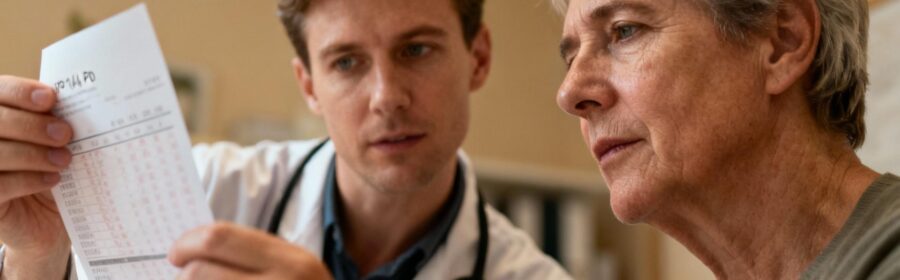Médecin caucasien examinant attentivement des résultats d'analyses médicales avec un patient européen en clinique