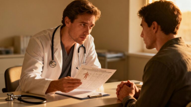 Médecin européen préoccupé analysant un dossier médical avec un patient dans un cadre médical